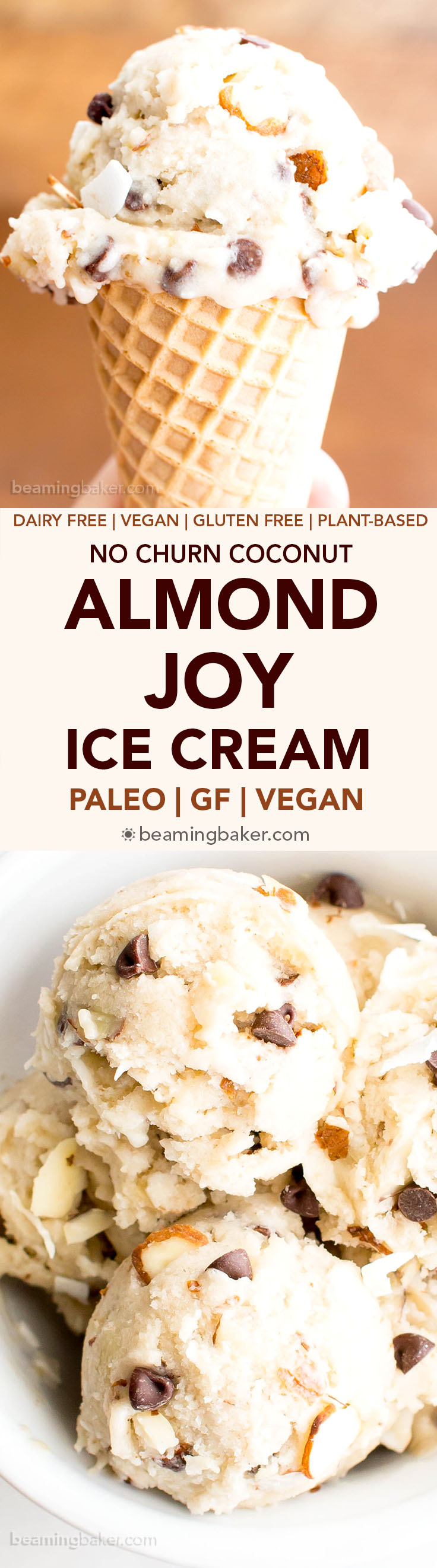 Almond Joy Vegan Paleo Ice Cream Recipe (Refined Sugar-Free): this gluten free dairy free ice cream is bursting with coconut, chocolate and Almond JOY flavors! Easy, No Churn, Delicious. #Paleo #Vegan #IceCream #AlmondJoy #DairyFree | Recipe at BeamingBaker.com