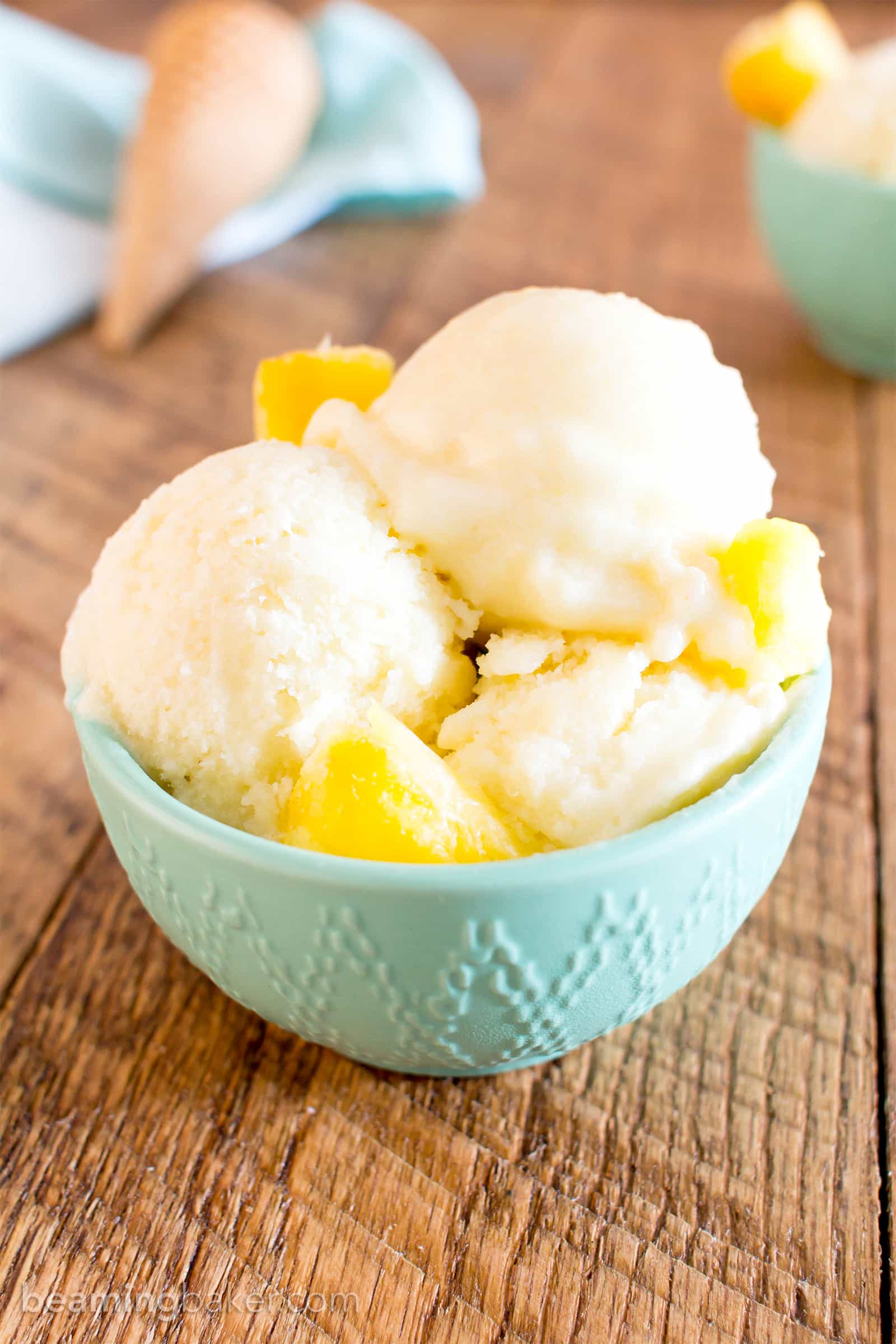 Pineapple Coconut Sorbet: just 2 ingredients and 5 minutes to make delicious coconut pineapple sorbet. Healthy, Dairy-Free, Paleo, Vegan. #Coconut #Pineapple #Sorbet #Vegan | Recipe at BeamingBaker.com