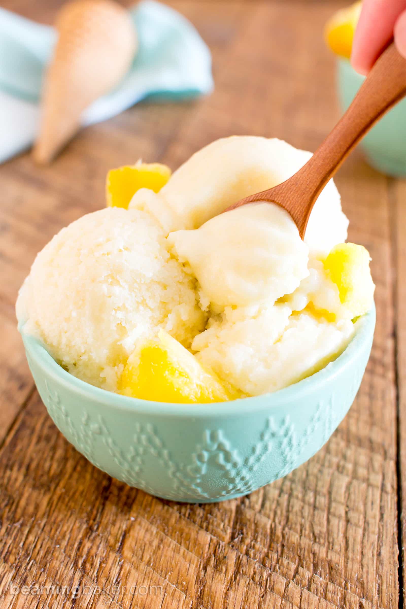 2 Ingredient Pineapple Coconut Sorbet (V, DF, Paleo): a 5-minute recipe for deliciously refreshing, healthy pineapple coconut sorbet! #Paleo #DairyFree #Vegan #GlutenFree | BeamingBaker.com