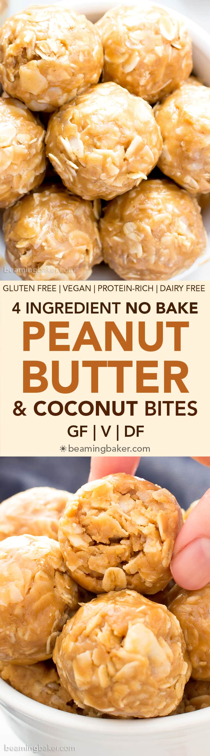 4 Ingredient No Bake Peanut Butter Coconut Energy Bites (V, GF): a quick ‘n easy One Bowl recipe for tasty protein-packed energy bites bursting with peanut butter and coconut! #Vegan #ProteinRich #GlutenFree #DairyFree #WholeGrain | BeamingBaker.com