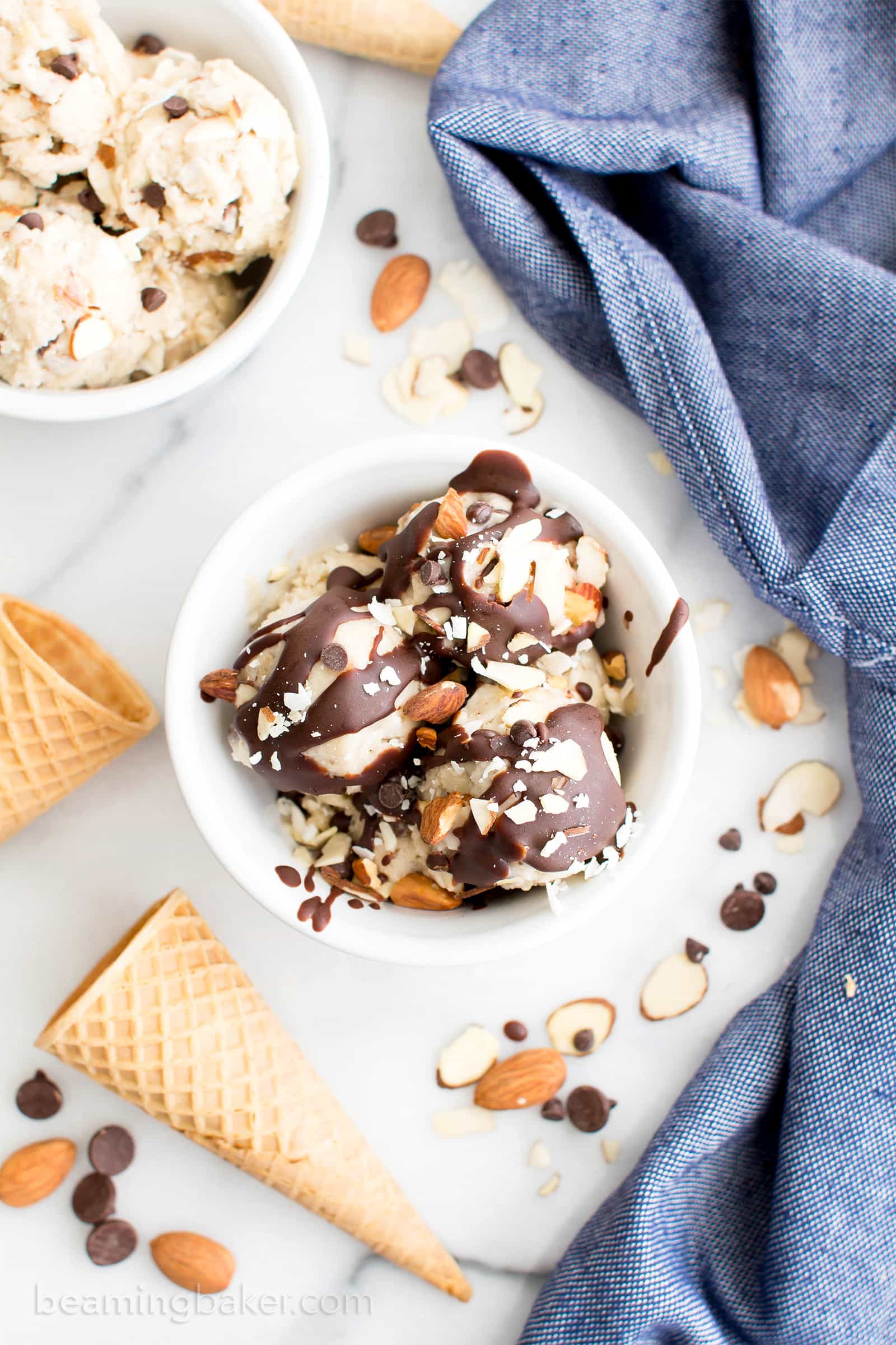 Dairy-Free Almond Joy Ice Cream Sundae (V, DF, Paleo): the perfect frozen, allergy-friendly treat to satisfy your Almond Joy cravings and cool you down this summer! #Vegan #DairyFree #Paleo #GlutenFree | BeamingBaker.com