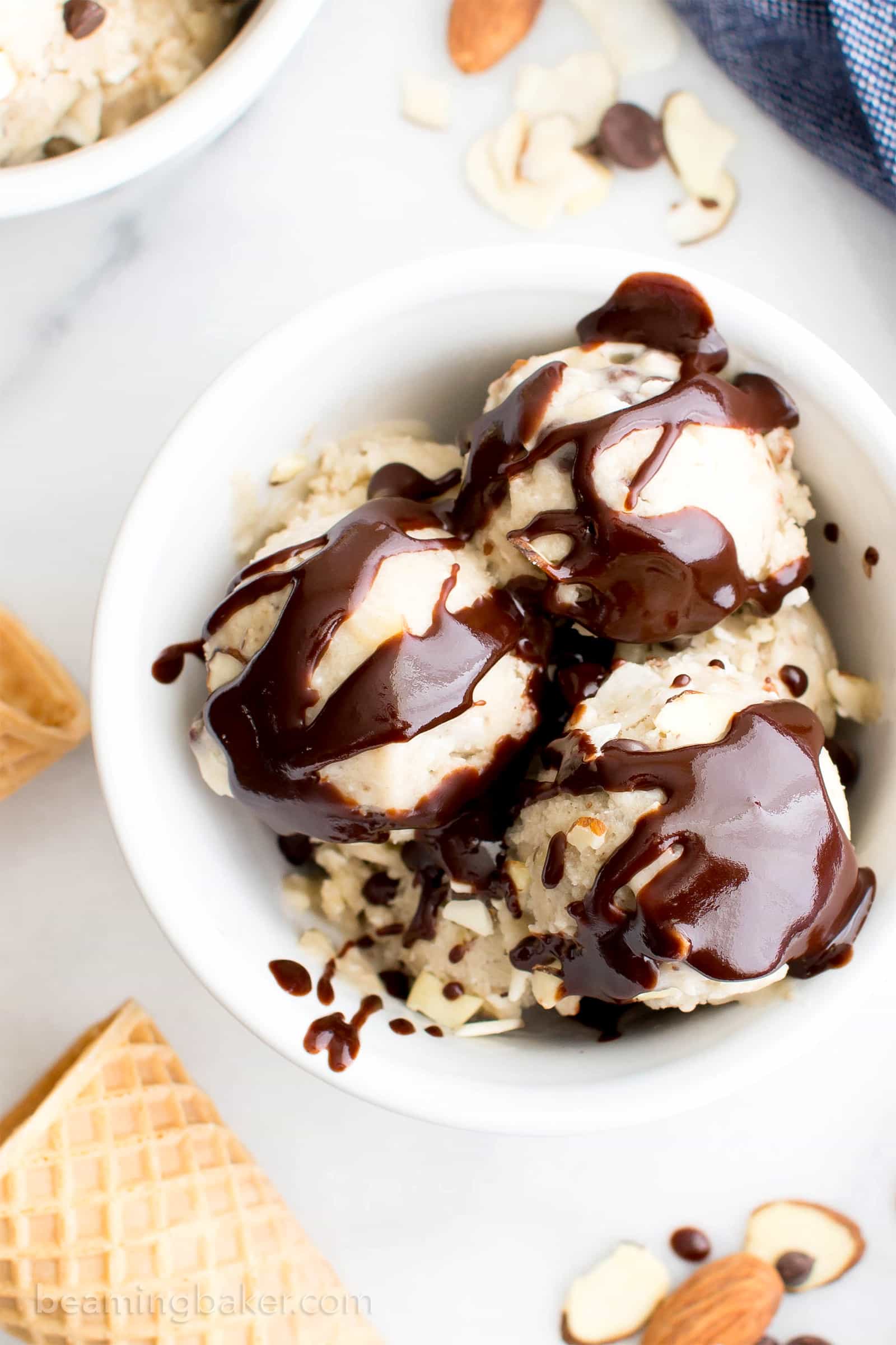 Dairy-Free Almond Joy Ice Cream Sundae (V, DF, Paleo): the perfect frozen, allergy-friendly treat to satisfy your Almond Joy cravings and cool you down this summer! #Vegan #DairyFree #Paleo #GlutenFree | BeamingBaker.com