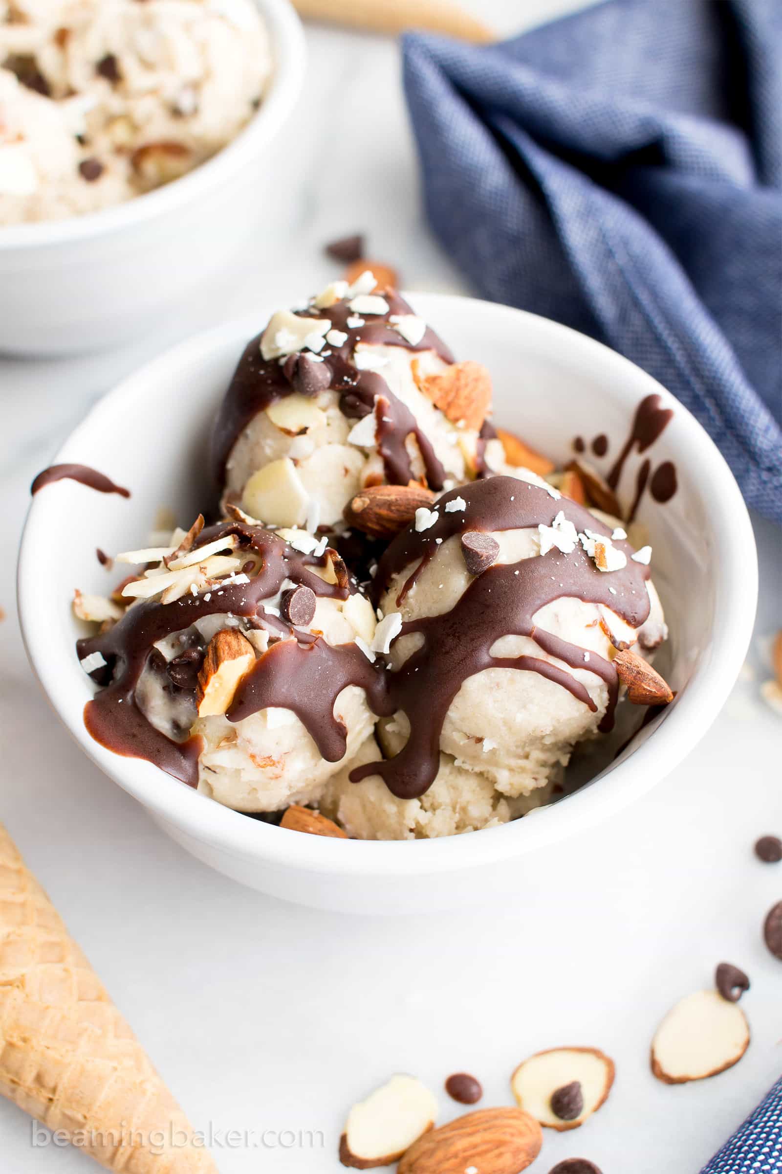 Dairy-Free Almond Joy Ice Cream Sundae (V, DF, Paleo): the perfect frozen, allergy-friendly treat to satisfy your Almond Joy cravings and cool you down this summer! #Vegan #DairyFree #Paleo #GlutenFree | BeamingBaker.com