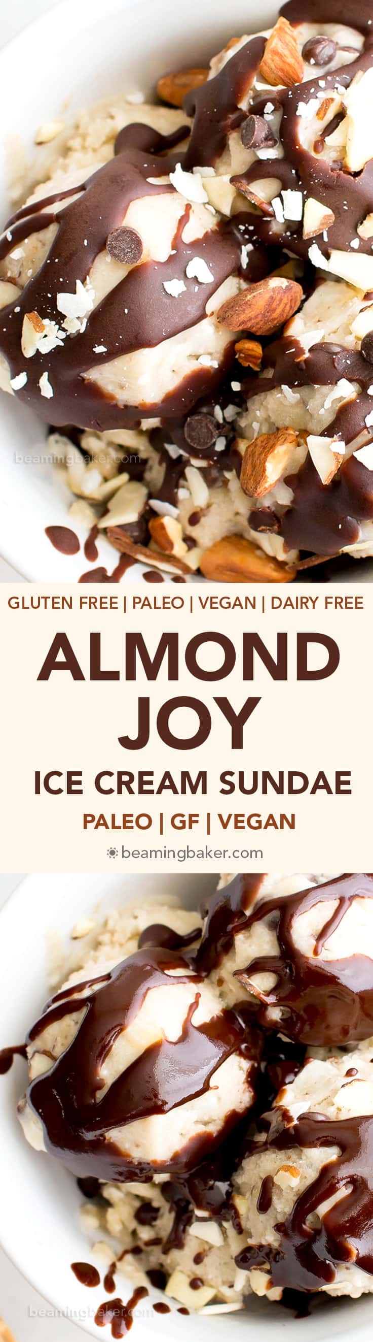 Dairy-Free Almond Joy Ice Cream Sundae (V, DF, Paleo): the perfect frozen, allergy-friendly treat to satisfy your Almond Joy cravings and cool you down this summer! #Vegan #DairyFree #Paleo #GlutenFree | BeamingBaker.com