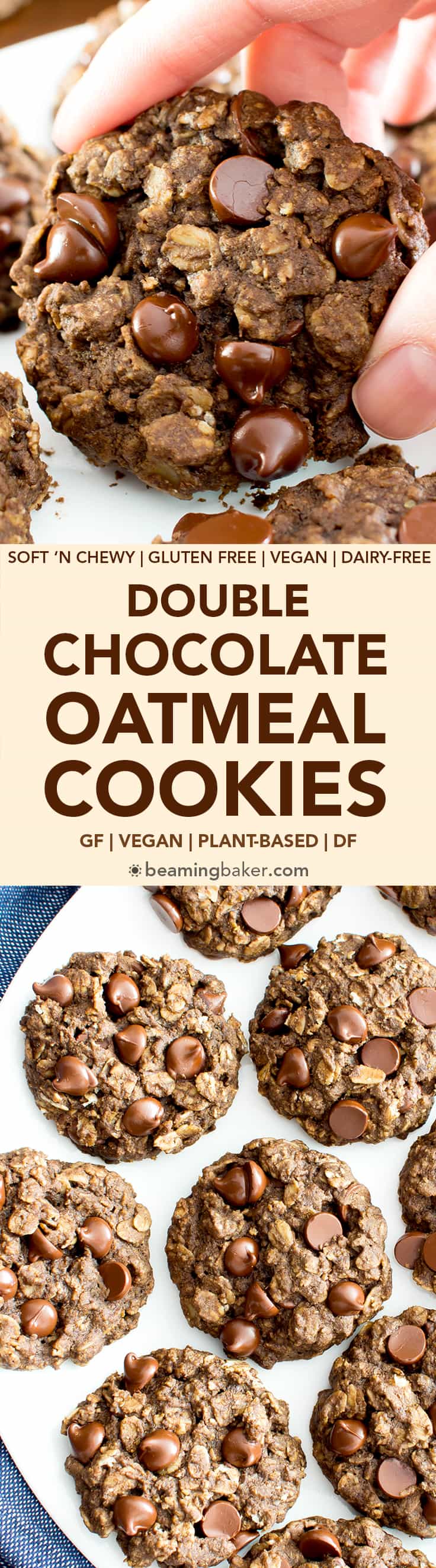 Gluten Free Double Chocolate Chip Oatmeal Cookies (V, GF): an easy recipe for soft, chewy double chocolate chip oatmeal cookies made with whole ingredients. #Vegan #GlutenFree #DairyFree #WholeGrain #OatFlour | BeamingBaker.com