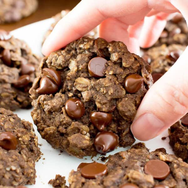 Gluten Free Double Chocolate Chip Oatmeal Cookies (V, GF): an easy recipe for soft, chewy double chocolate chip oatmeal cookies made with whole ingredients. #Vegan #GlutenFree #DairyFree #WholeGrain #OatFlour | BeamingBaker.com