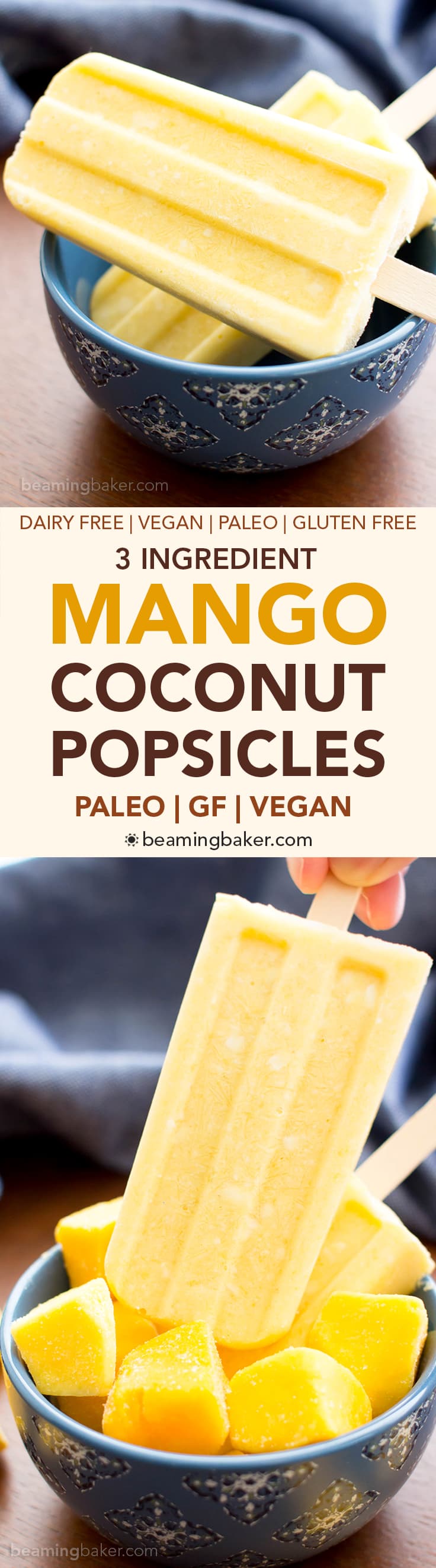 Mango Coconut Cream Popsicles (V, GF, DF): a 3 ingredient recipe for creamy and refreshing popsicles packed with mango and coconut! #Paleo #Vegan #DairyFree #GlutenFree | BeamingBaker.com