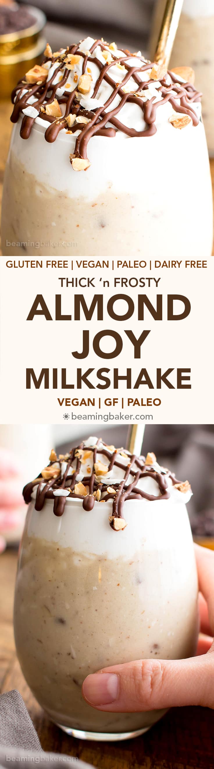 Paleo Almond Joy Milkshake (V, DF, Paleo): a deliciously decadent recipe for thick, creamy milkshakes bursting with coconut, chocolate and almonds! #Paleo #Vegan #DairyFree #GlutenFree | BeamingBaker.com