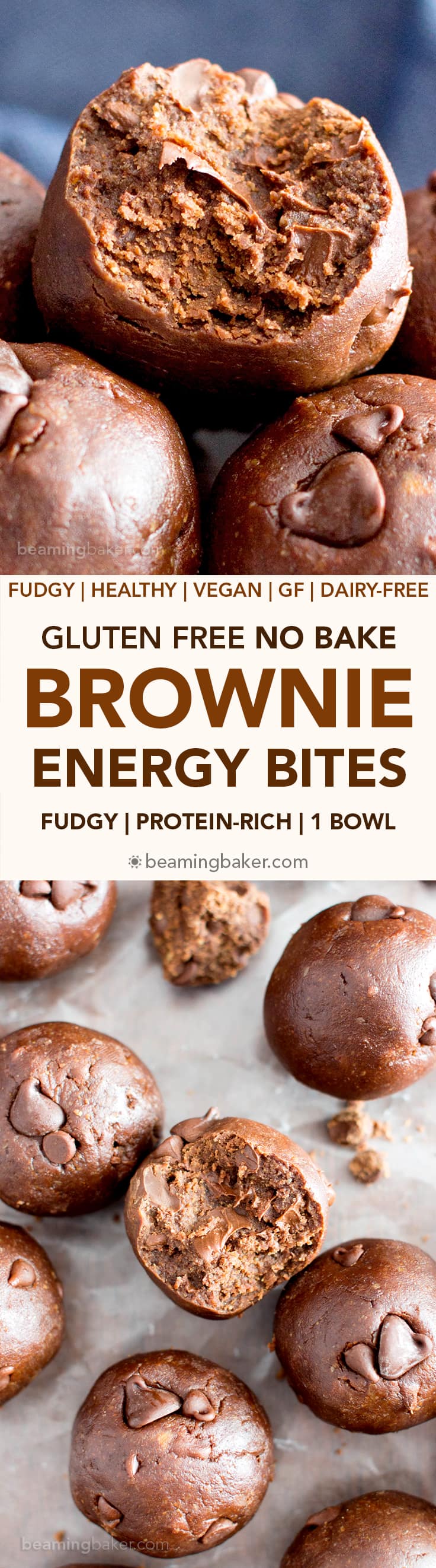 Gluten Free No Bake Brownie Energy Bites (V, GF): a one bowl recipe for fudgy, rich, 7-ingredient no bake bites that taste just like decadent brownies. #Vegan #ProteinPacked #GlutenFree #DairyFree | BeamingBaker.com