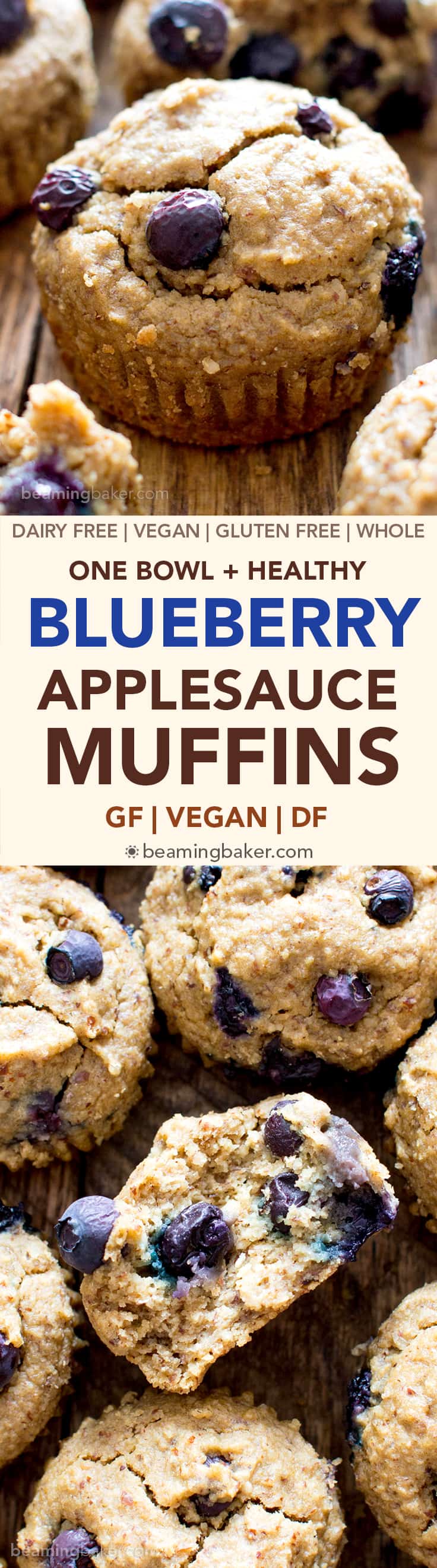 Gluten Free Vegan Blueberry Applesauce Muffins (V, GF): a one bowl recipe for soft & satisfying healthy blueberry muffins made with oat flour and applesauce. #Vegan #GlutenFree #WholeGrain #DairyFree #RefinedSugarFree | BeamingBaker.com