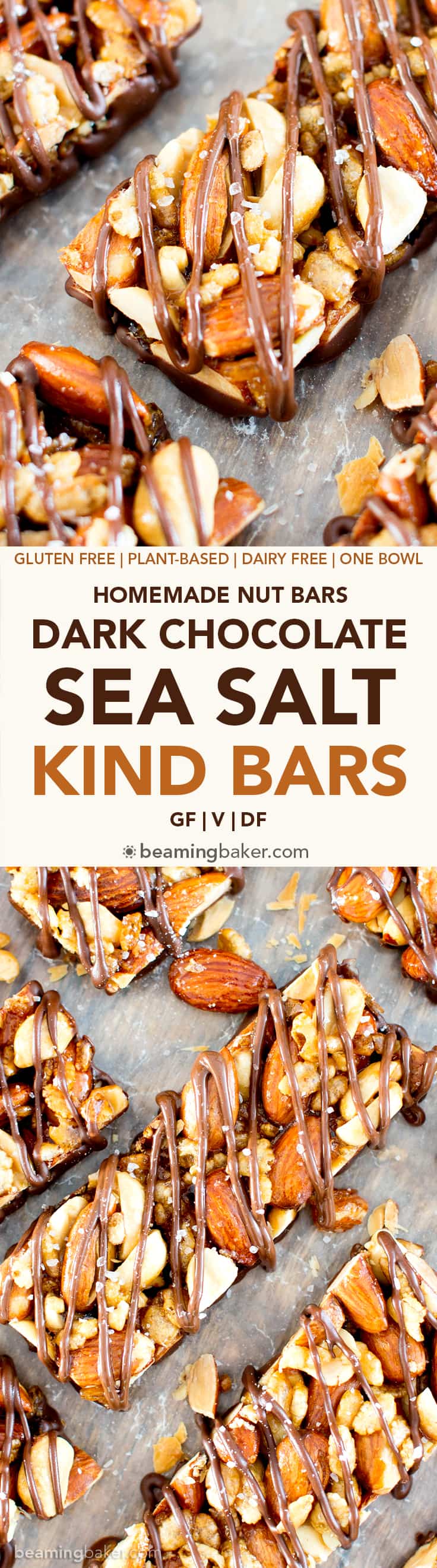 Homemade Dark Chocolate Sea Salt KIND Nut Bars (V, GF, DF): a protein-rich recipe for homemade KIND bars drizzled in dark chocolate and sprinkled with sea salt. #Vegan #GlutenFree #DairyFree #ProteinPacked | BeamingBaker.com
