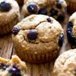 Gluten Free Vegan Blueberry Applesauce Muffins (V, GF): a one bowl recipe for soft & satisfying healthy blueberry muffins made with oat flour and applesauce. #Vegan #GlutenFree #WholeGrain #DairyFree #RefinedSugarFree | BeamingBaker.com 