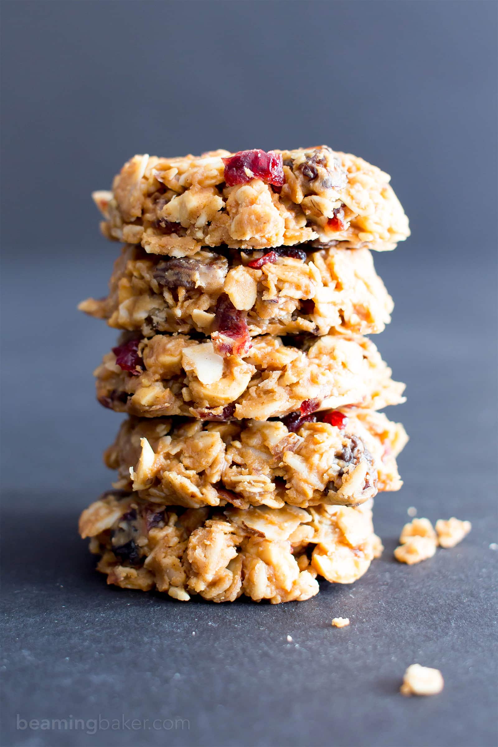 No Bake Gluten Free Peanut Butter Fruit & Nut Cookies (V, GF, DF): an easy, one bowl recipe for no bake peanut butter cookies bursting with dried fruits and nuts! #ProteinPacked #Vegan #GlutenFree #DairyFree | BeamingBaker.com