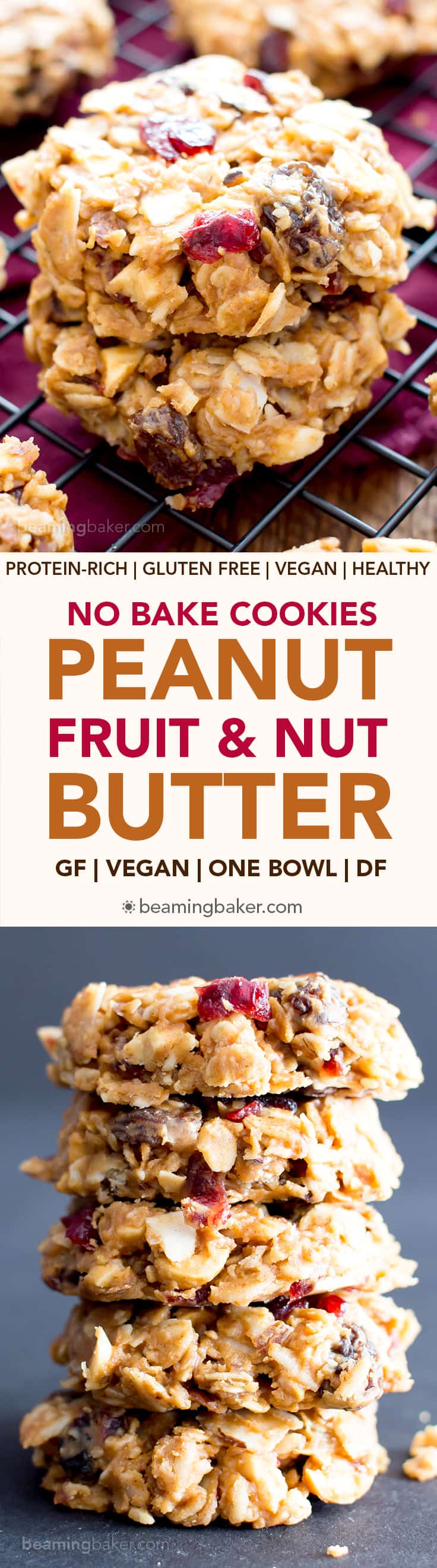 No Bake Gluten Free Peanut Butter Fruit & Nut Cookies (V, GF, DF): an easy, one bowl recipe for no bake peanut butter cookies bursting with dried fruits and nuts! #ProteinPacked #Vegan #GlutenFree #DairyFree BeamingBaker.com