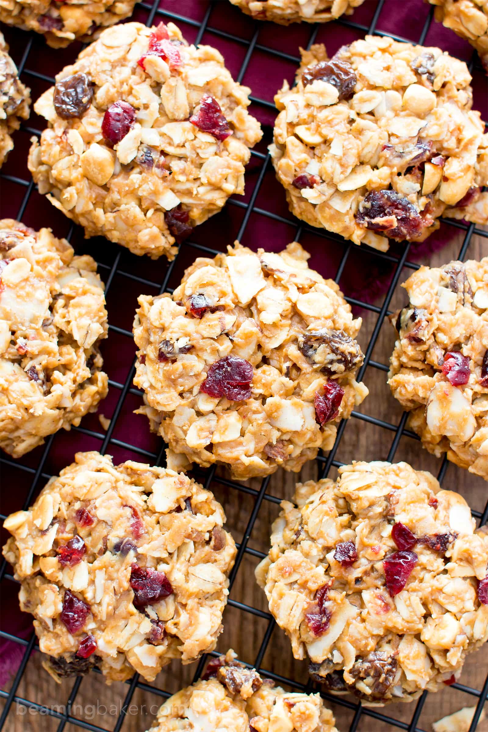 No Bake Gluten Free Peanut Butter Fruit & Nut Cookies (V, GF, DF): an easy, one bowl recipe for no bake peanut butter cookies bursting with dried fruits and nuts! #ProteinPacked #Vegan #GlutenFree #DairyFree BeamingBaker.com