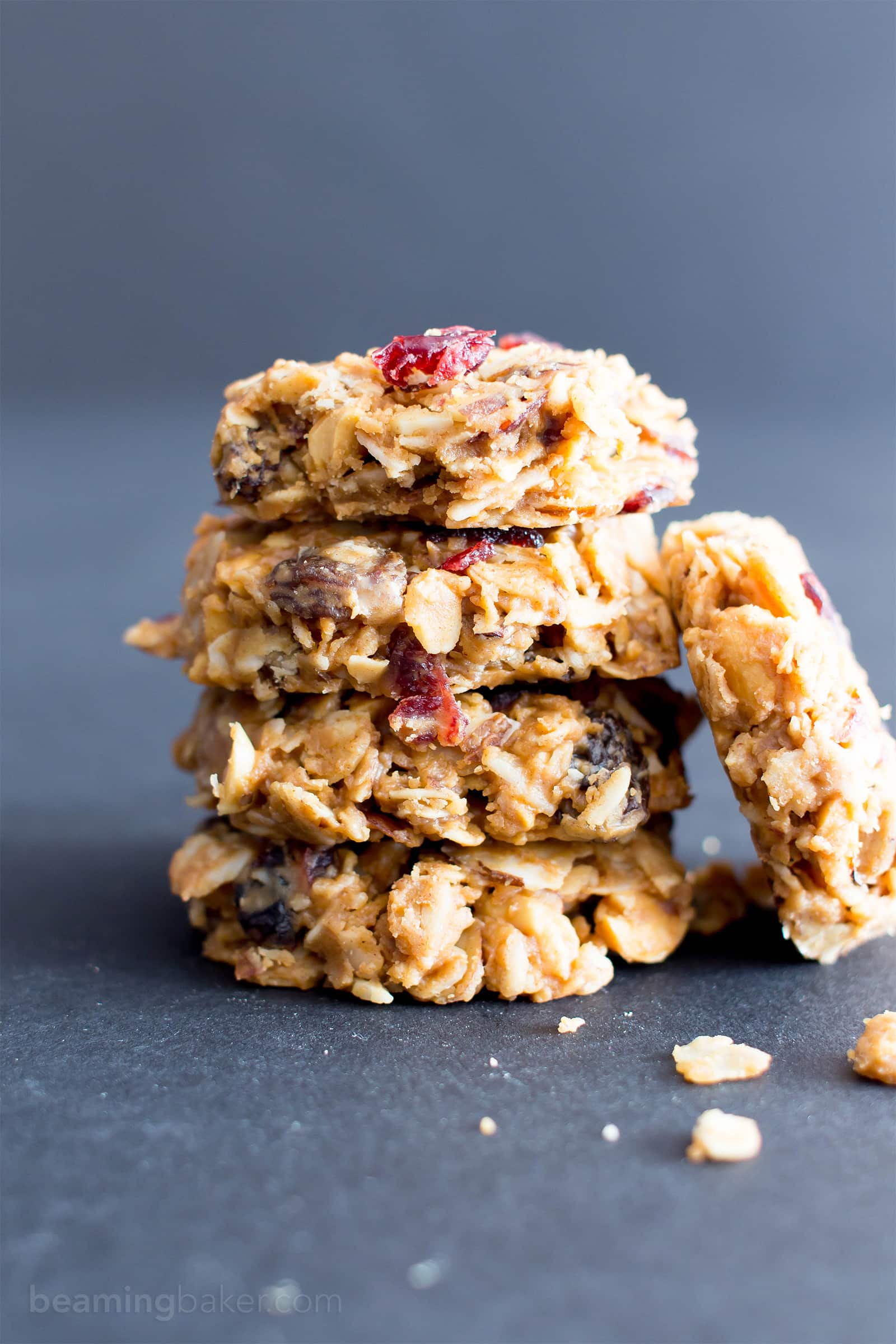 No Bake Gluten Free Peanut Butter Fruit & Nut Cookies (V, GF, DF): an easy, one bowl recipe for no bake peanut butter cookies bursting with dried fruits and nuts! #ProteinPacked #Vegan #GlutenFree #DairyFree BeamingBaker.com