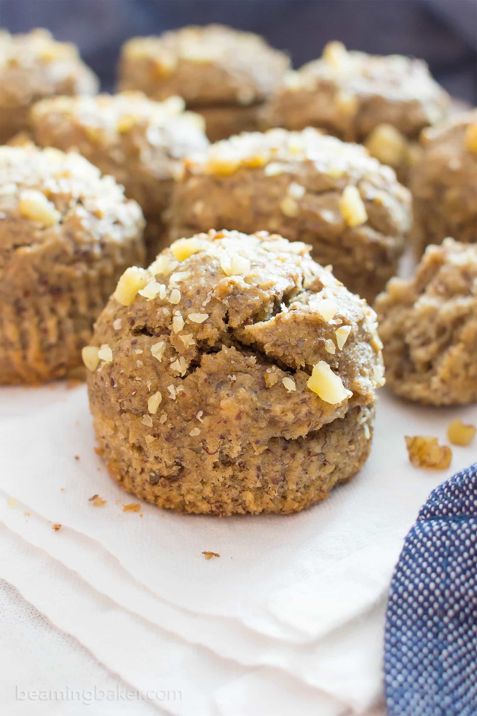 One Bowl Gluten Free Vegan Banana Nut Muffins (V, GF): an easy, whole recipe for deliciously soft and moist banana nut muffins. #Vegan #GlutenFree #WholeGrain #DairyFree #RefinedSugarFree | BeamingBaker.com