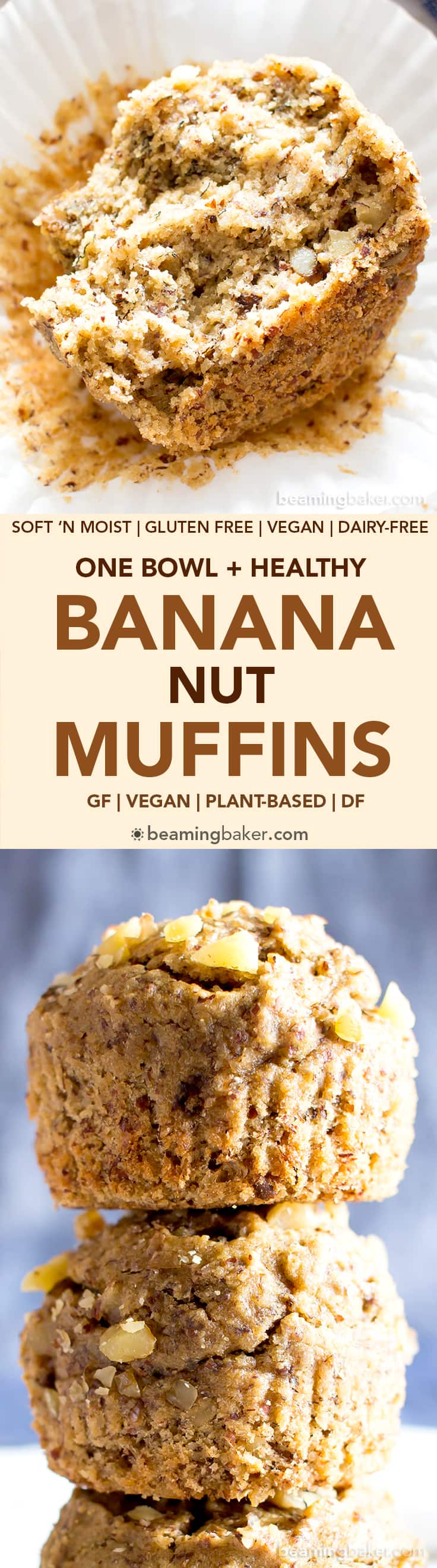 One Bowl Gluten Free Vegan Banana Nut Muffins (V, GF): an easy, whole recipe for deliciously soft and moist banana nut muffins. #Vegan #GlutenFree #WholeGrain #DairyFree #RefinedSugarFree | BeamingBaker.com