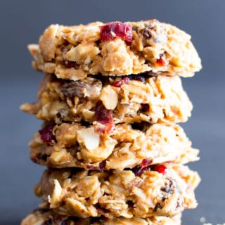 No Bake Gluten Free Peanut Butter Fruit & Nut Cookies (V, GF, DF): an easy, one bowl recipe for no bake peanut butter cookies bursting with dried fruits and nuts! #ProteinPacked #Vegan #GlutenFree #DairyFree BeamingBaker.com