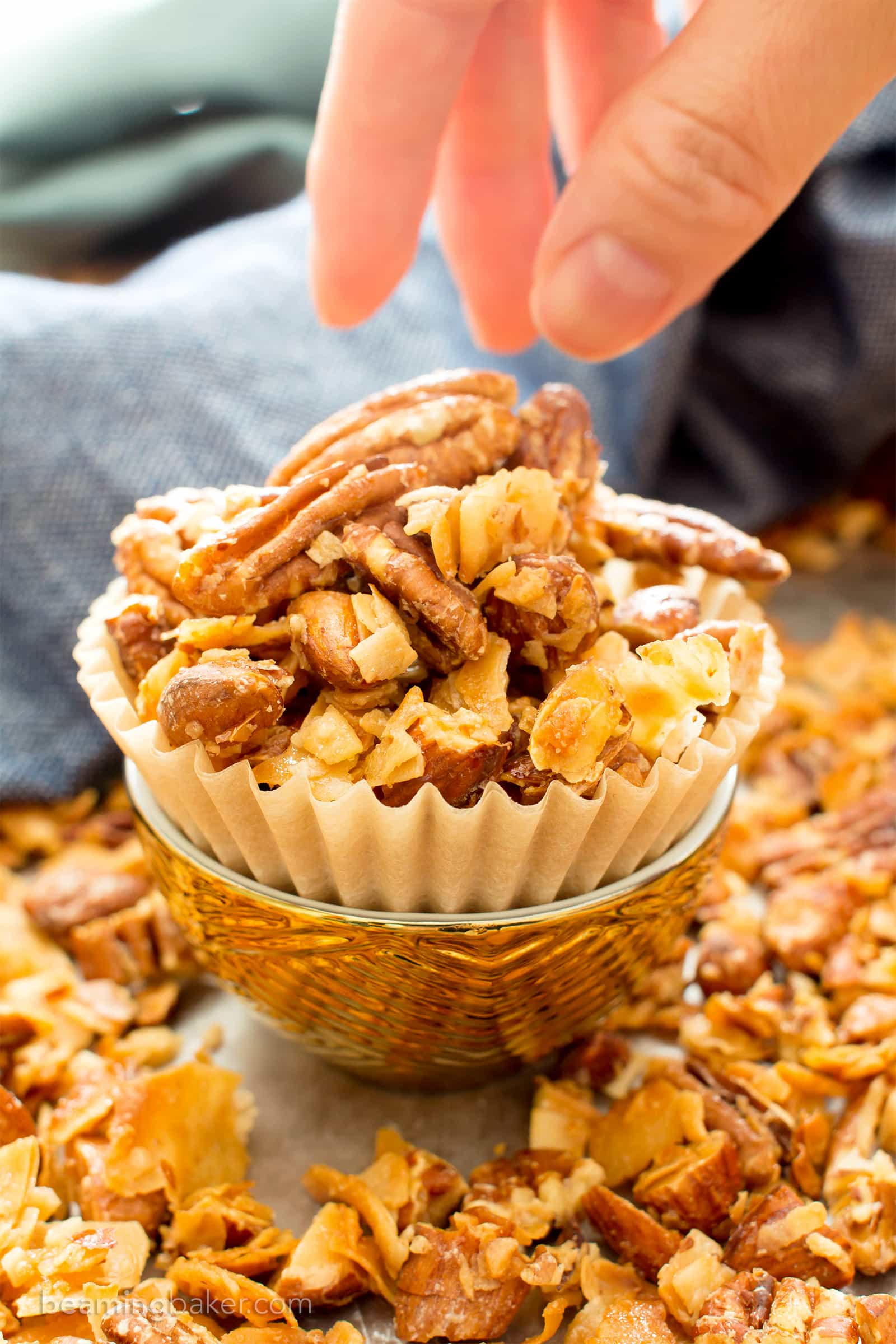 4 Ingredient Coconut Almond Pecan Paleo Granola (V, GF): a quick ‘n easy recipe for crunchy, salty & sweet granola packed with whole ingredients. #Paleo #Vegan #Snacks #Healthy #GlutenFree #DairyFree #RefinedSugarFree | BeamingBaker.com