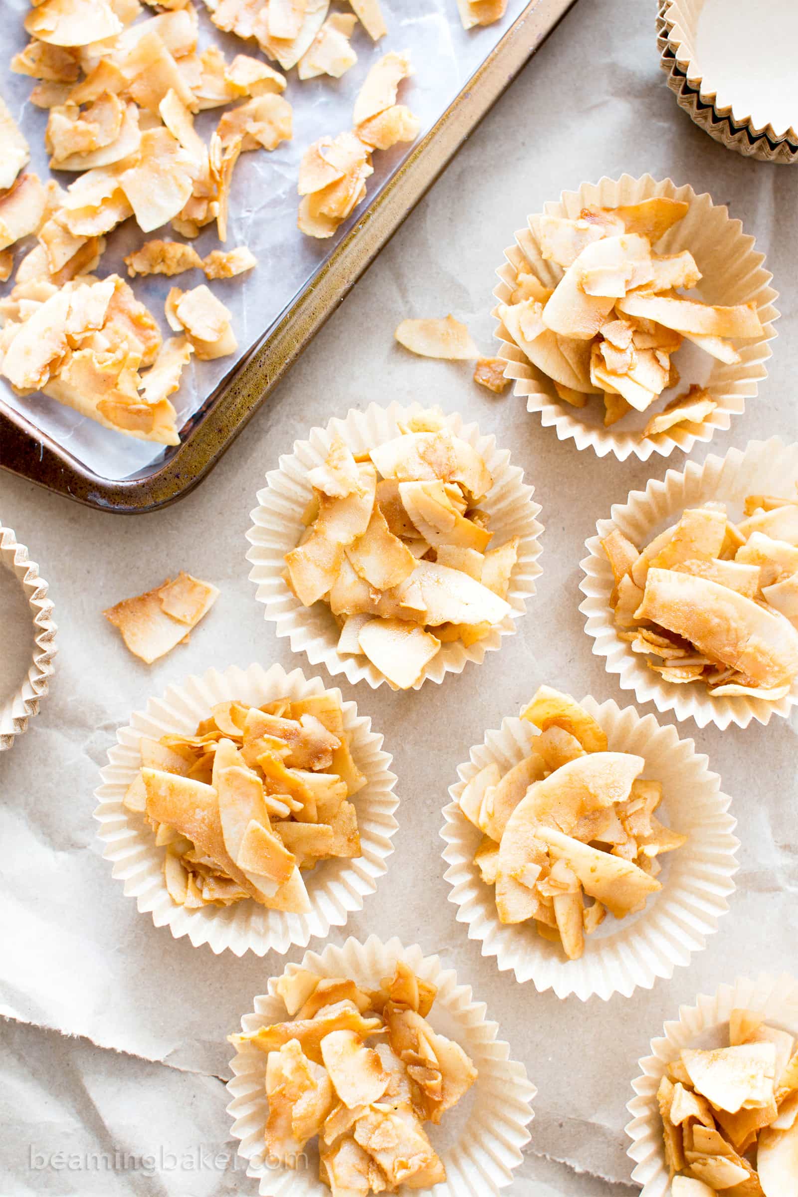 4 Ingredient Salted Caramel Toasted Coconut Chips (V, GF, Paleo): an easy, 5-minute prep recipe for crispy, salty ‘n sweet coconut chips caramelized to perfection. #Paleo #Vegan #GlutenFree #RefinedSugarFree #DairyFree | BeamingBaker.com