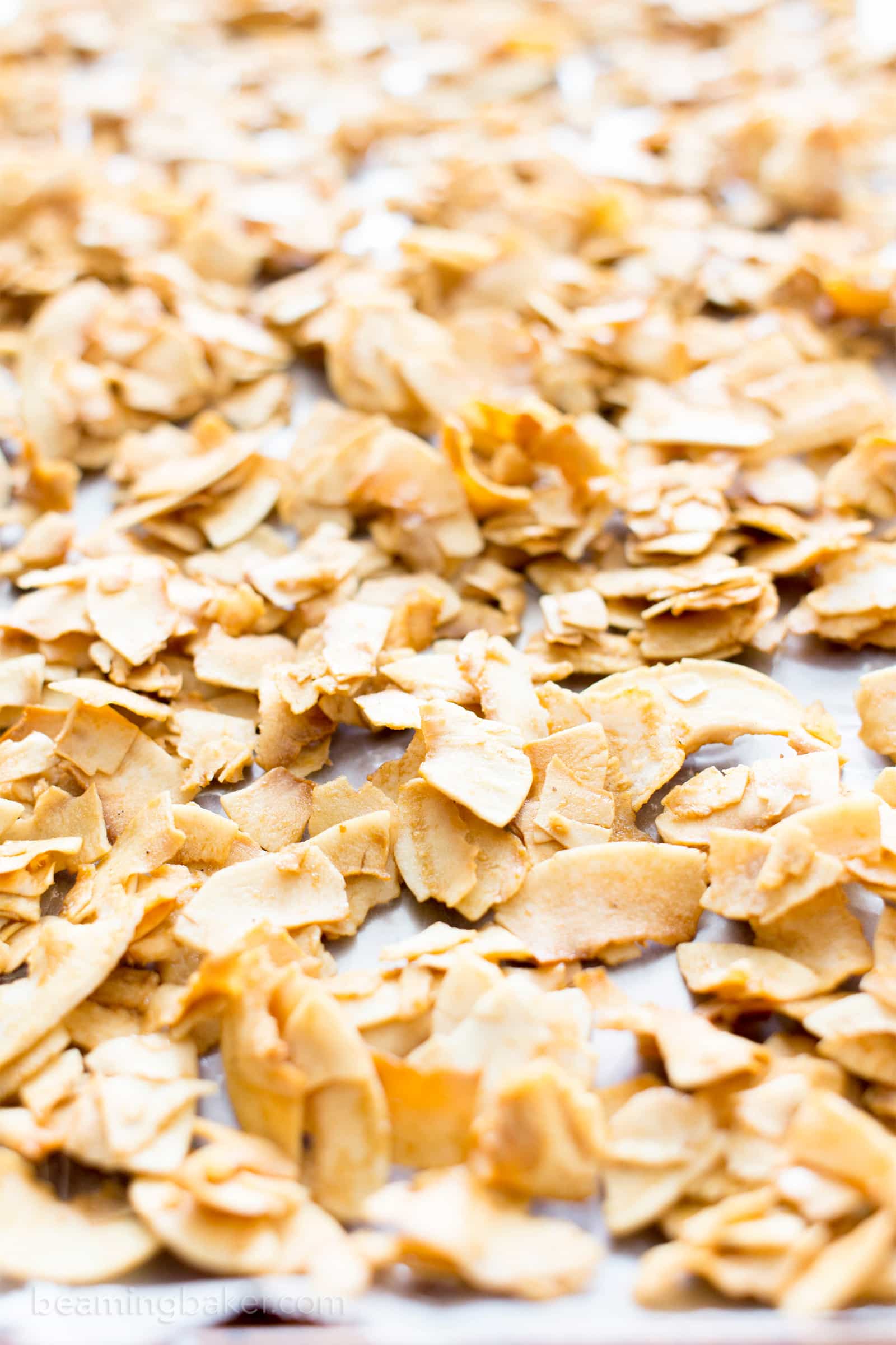 4 Ingredient Salted Caramel Toasted Coconut Chips (V, GF, Paleo): an easy, 5-minute prep recipe for crispy, salty ‘n sweet coconut chips caramelized to perfection. #Paleo #Vegan #GlutenFree #RefinedSugarFree #DairyFree | BeamingBaker.com