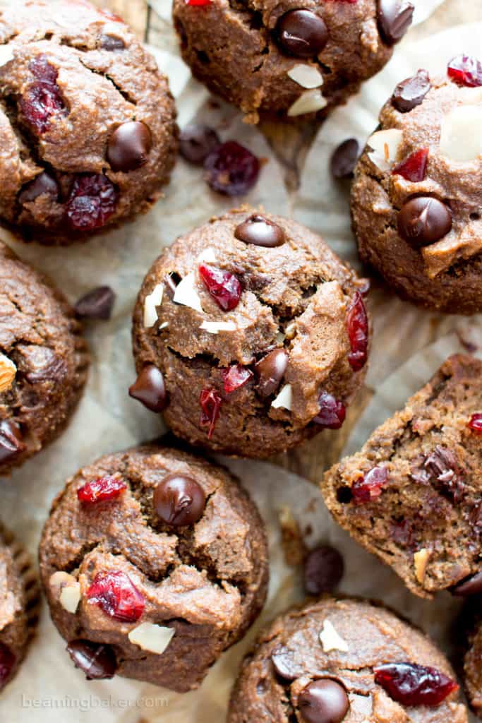 Chocolate Cranberry Almond Banana Muffins (GlutenFree, Vegan, One Bowl