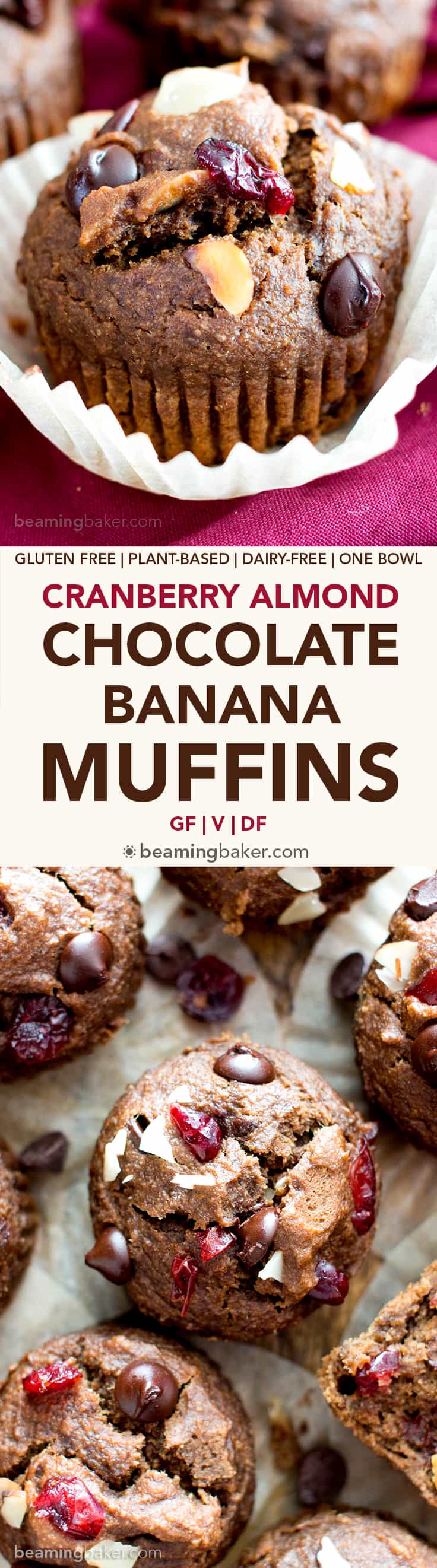 Chocolate Cranberry Almond Banana Muffins Recipe (V, GF): delightfully warm and cozy chocolate banana muffins packed with juicy cranberries and almonds. #Vegan #GlutenFree #DairyFree #Healthy #OneBowl | BeamingBaker.com