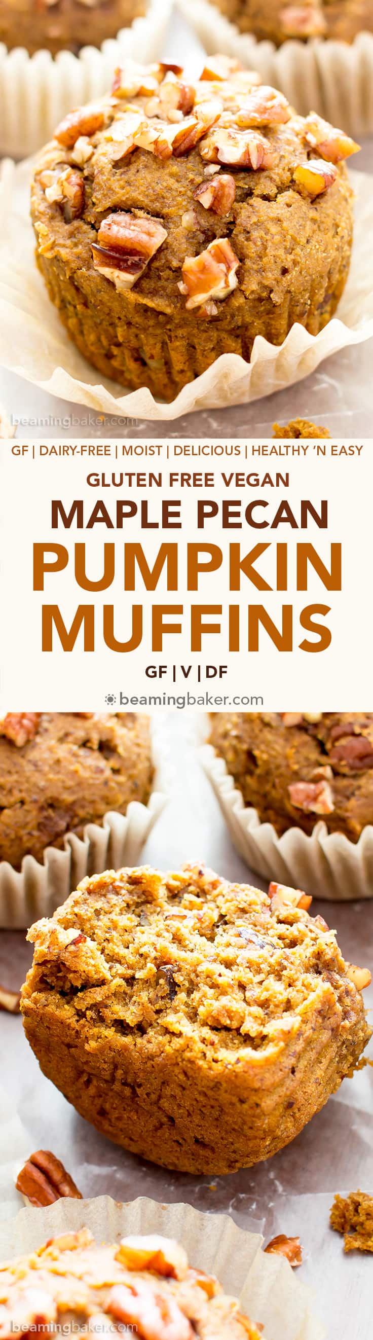 Gluten Free Maple Pecan Pumpkin Muffins (V, GF): an easy recipe for deliciously moist, pumpkin spice muffins topped with maple glazed pecans. #Vegan #GlutenFree #DairyFree #Healthy #Fall #RefinedSugarFree | BeamingBaker.com