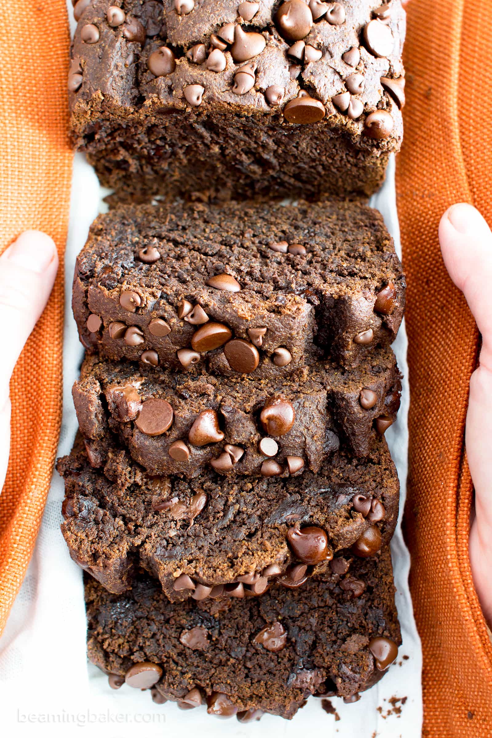 Gluten Free Vegan Chocolate Pumpkin Bread (V, GF): a one bowl recipe for perfectly moist ‘n decadent chocolate pumpkin bread made with warm spices and your favorite fall flavors. #GlutenFree #Vegan #DairyFree #RefinedSugarFree #Healthy #AllergyFriendly | BeamingBaker.com