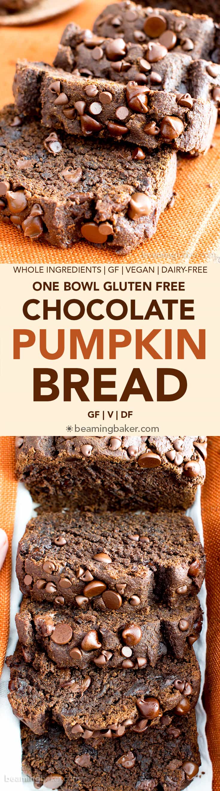 Gluten Free Vegan Chocolate Pumpkin Bread (V, GF): a one bowl recipe for perfectly moist ‘n decadent chocolate pumpkin bread made with warm spices and your favorite fall flavors. #GlutenFree #Vegan #DairyFree #RefinedSugarFree #Healthy #AllergyFriendly | BeamingBaker.com