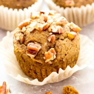 Gluten Free Maple Pecan Pumpkin Muffins (V, GF): an easy recipe for deliciously moist, pumpkin spice muffins topped with maple glazed pecans. #Vegan #GlutenFree #DairyFree #Healthy #Fall #RefinedSugarFree | BeamingBaker.com