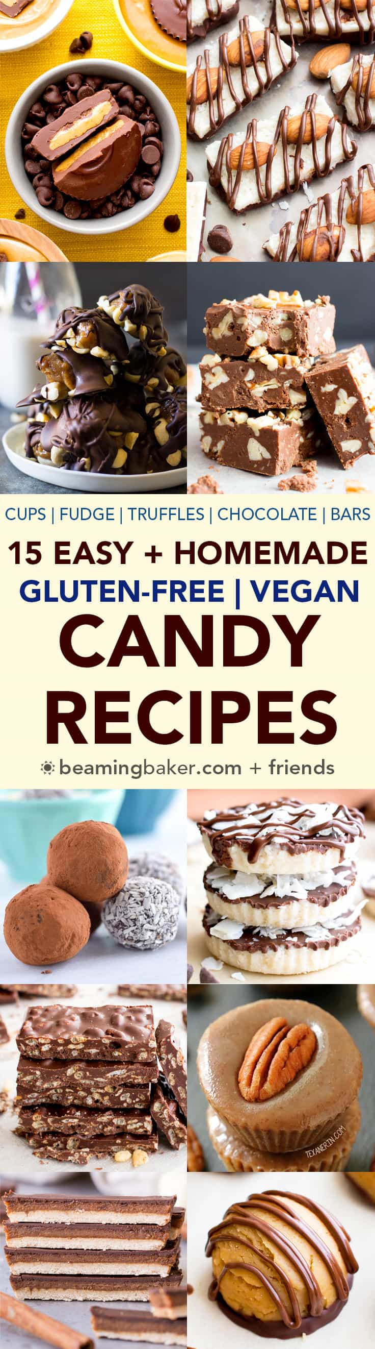 15 Easy Gluten Free Vegan Homemade Candy Recipes (V, GF): a decadent collection of the tastiest homemade candy recipes to satisfy your sweet tooth! #Vegan #GlutenFree #DairyFree #Paleo #Candy #Dessert | BeamingBaker.com