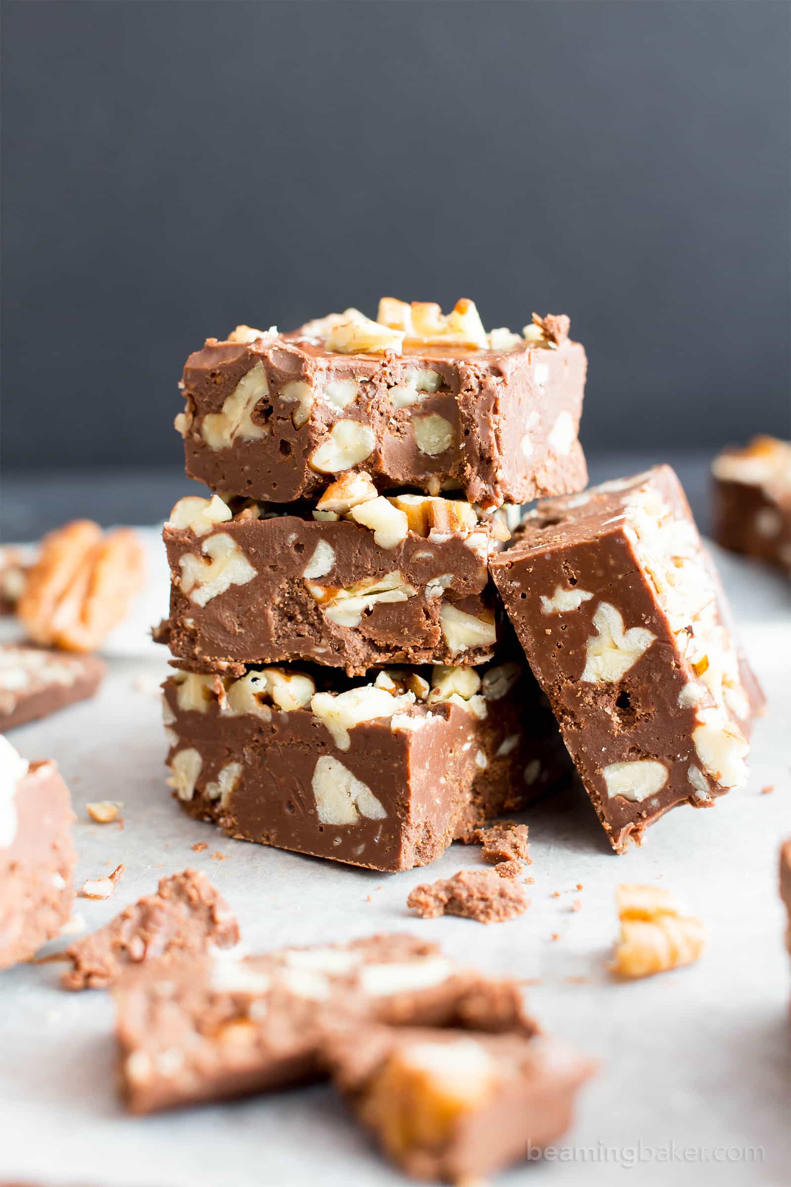 3 Ingredient Chocolate Pecan Fudge (V, GF) a 5-minute recipe for thick, luxurious fudge bursting with pecans. Paleo, Vegan, Gluten Free, Dairy-Free. #Paleo #Vegan #GlutenFree #DairyFree #Chocolate #Dessert | Recipe on BeamingBaker.com