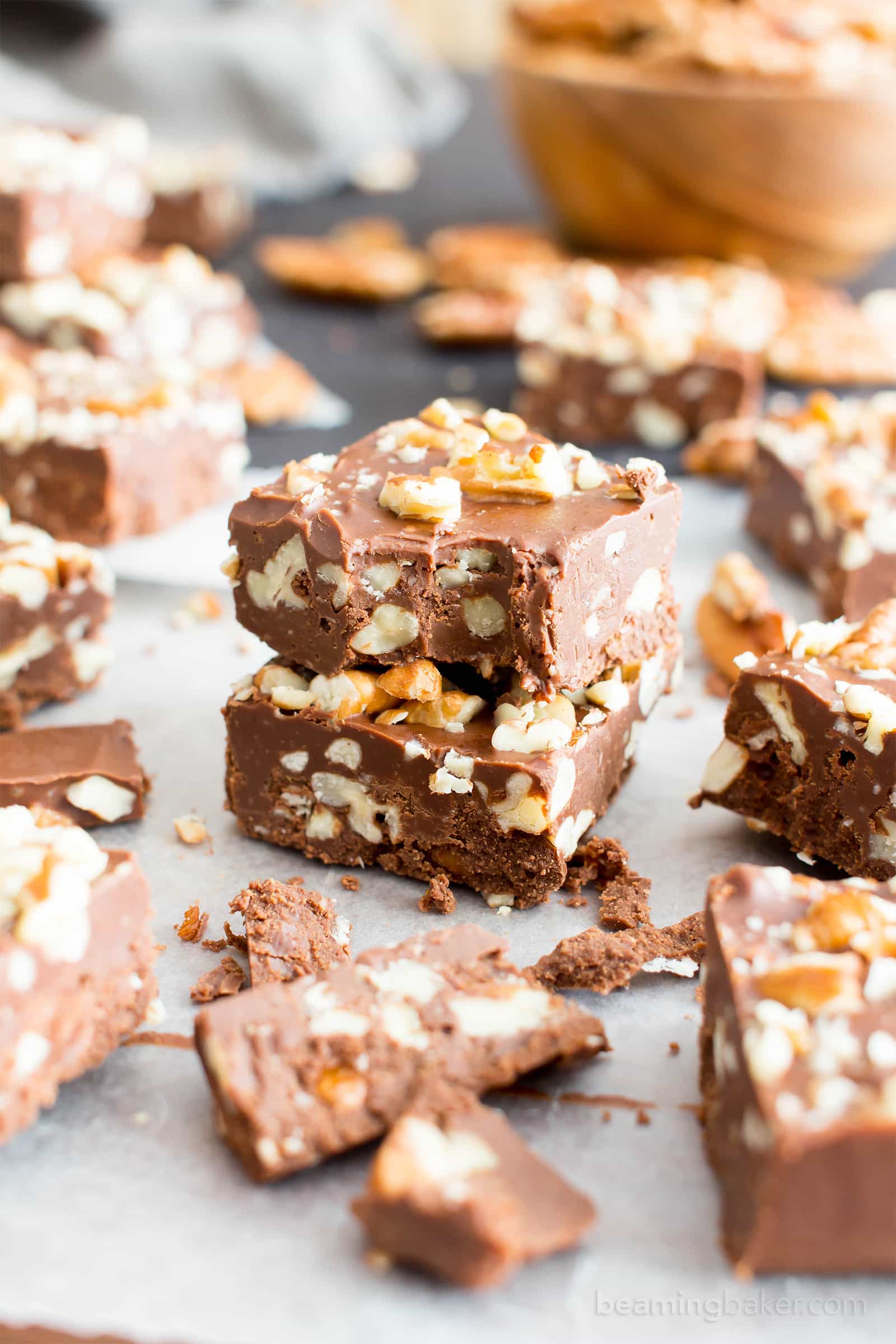 3 Ingredient Chocolate Pecan Fudge (V, GF) a 5-minute recipe for thick, luxurious fudge bursting with pecans. Paleo, Vegan, Gluten Free, Dairy-Free. #Paleo #Vegan #GlutenFree #DairyFree #Chocolate #Dessert | Recipe on BeamingBaker.com