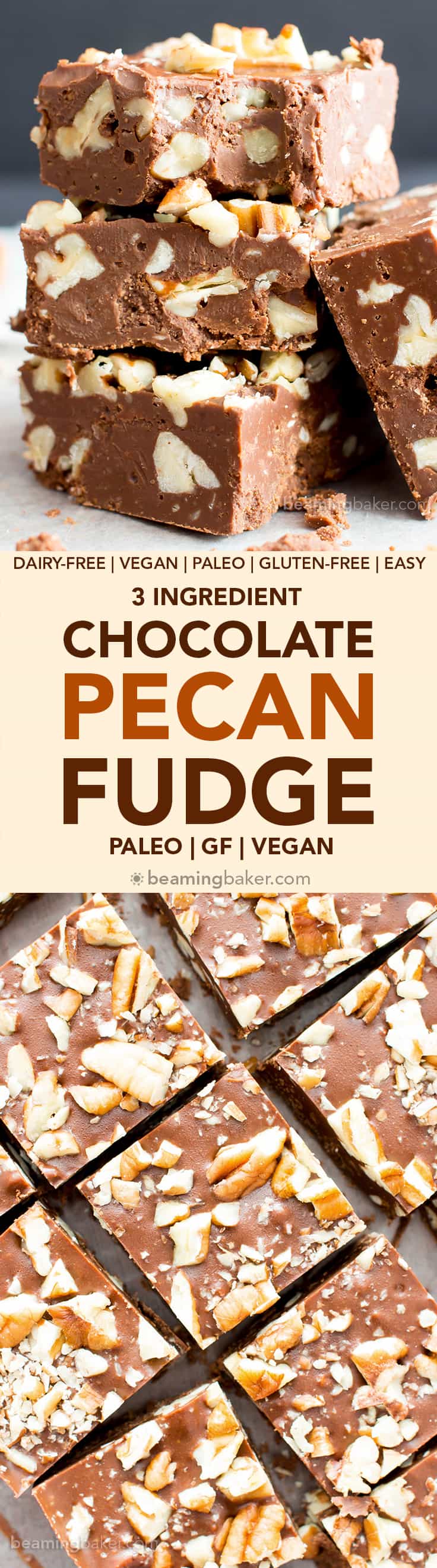 3 Ingredient Chocolate Pecan Fudge (V, GF) a 5-minute recipe for thick, luxurious fudge bursting with pecans. Paleo, Vegan, Gluten Free, Dairy-Free. #Paleo #Vegan #GlutenFree #DairyFree #Chocolate #Dessert | Recipe on BeamingBaker.com