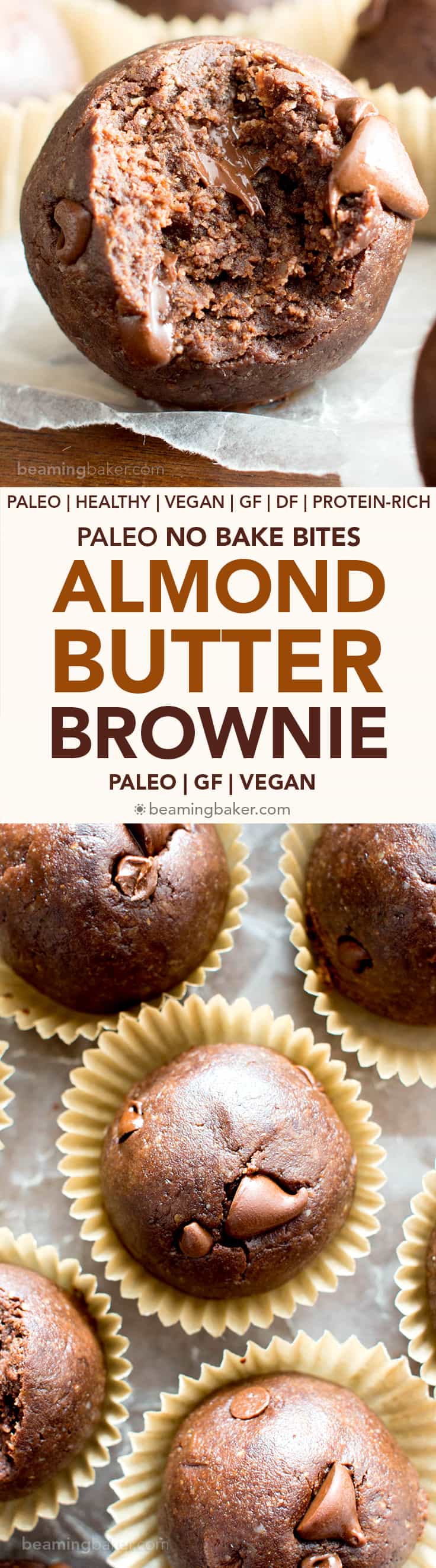 No Bake Almond Butter Paleo Brownie Bites (V, GF): Melt in your mouth fudgy paleo brownie bites that taste like a bite of pure chocolate. #Vegan #Paleo #DairyFree #GlutenFree #Chocolate | Recipe on BeamingBaker.com