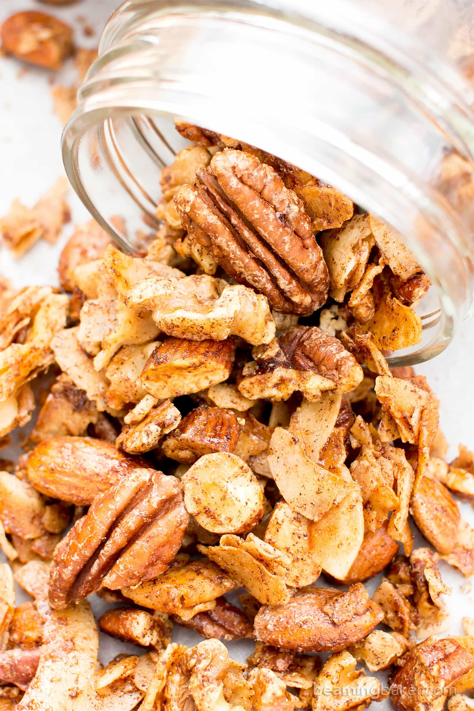 Oil-Free Paleo Cinnamon Nut Granola (V, GF): Crispy, crunchy homemade paleo granola perfectly spiced with warm, cozy cinnamon. #Vegan #GlutenFree #DairyFree #Paleo #Granola #Healthy #Snacks | Recipe on BeamingBaker.com