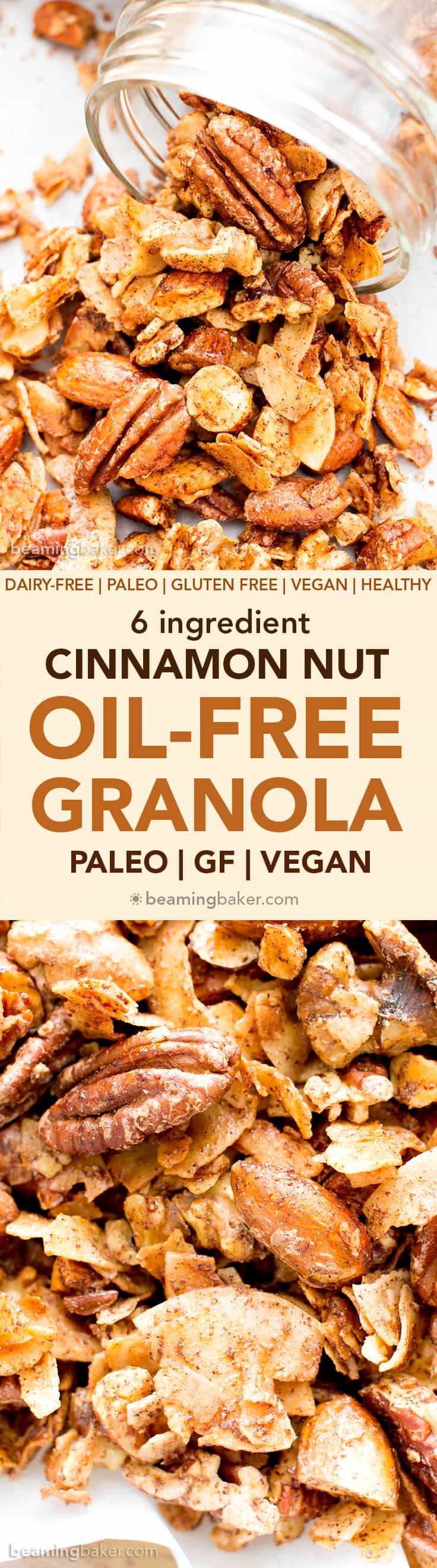 Oil-Free Paleo Cinnamon Nut Granola (V, GF): Crispy, crunchy homemade paleo granola perfectly spiced with warm, cozy cinnamon. #Vegan #GlutenFree #DairyFree #Paleo #Granola #Healthy #Snacks | Recipe on BeamingBaker.com