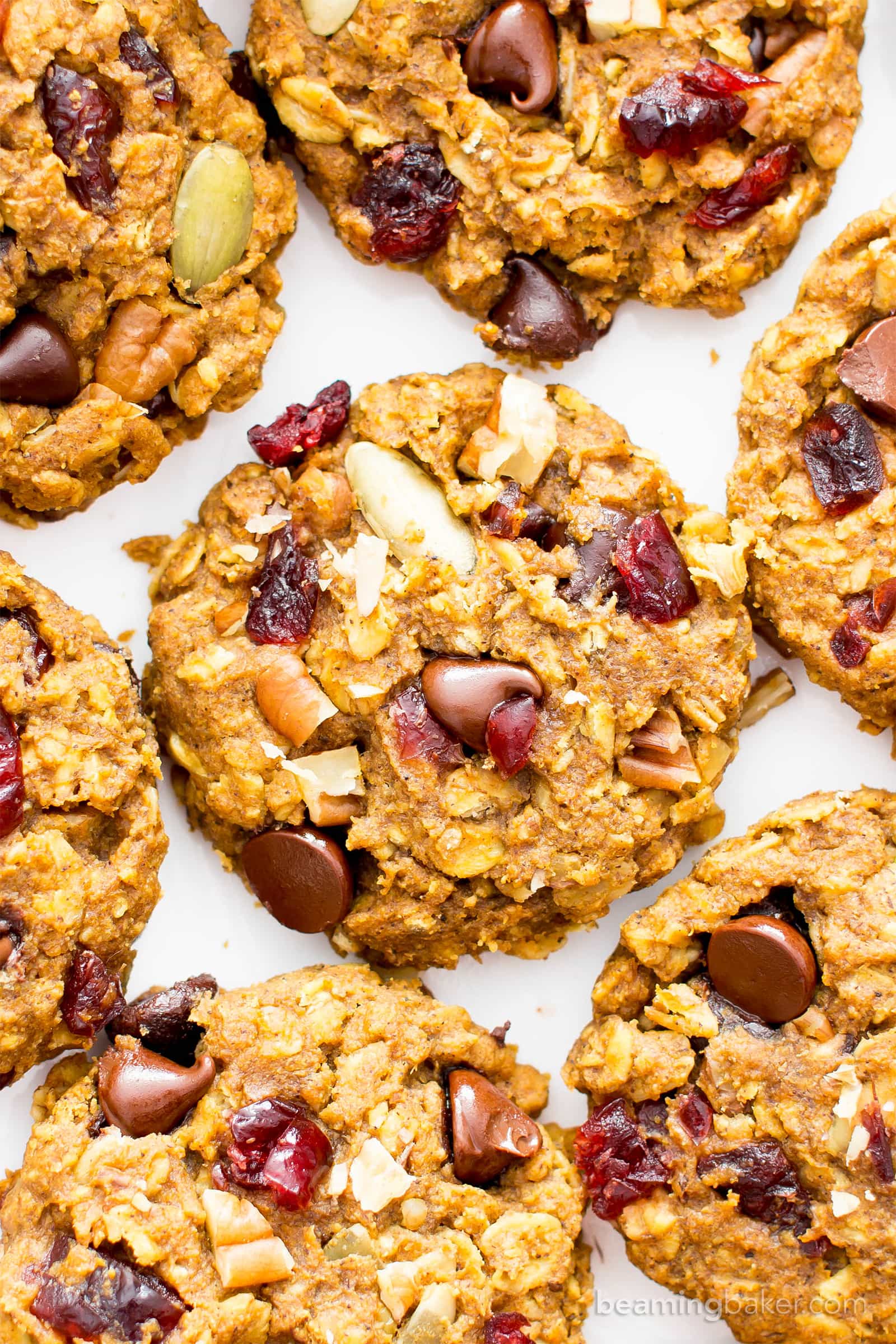 Pumpkin Chocolate Chip Oatmeal Breakfast Cookies (V, GF): Soft, chewy pumpkin oatmeal cookies packed with chocolate chips and pumpkin seeds. Perfect for breakfast or an afternoon treat! #Vegan #GlutenFree #DairyFree #Cookies #Baking #Breakfast | Recipe on BeamingBaker.com