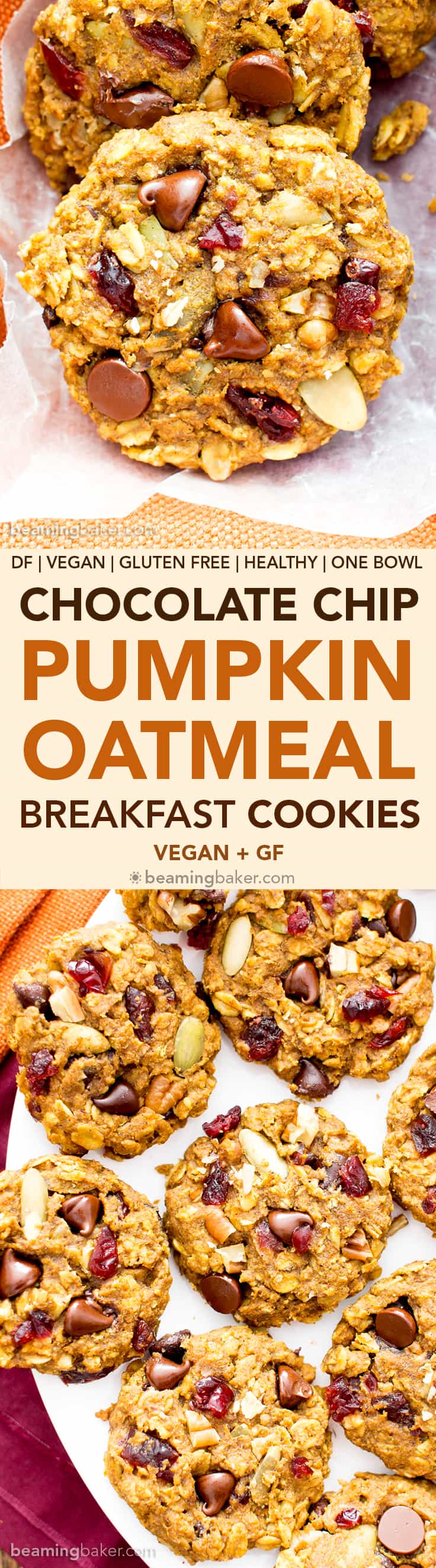 Pumpkin Chocolate Chip Oatmeal Breakfast Cookies (V, GF): Soft, chewy pumpkin oatmeal cookies packed with chocolate chips and pumpkin seeds. Perfect for breakfast or an afternoon treat! #Vegan #GlutenFree #DairyFree #Cookies #Baking #Breakfast | Recipe on BeamingBaker.com