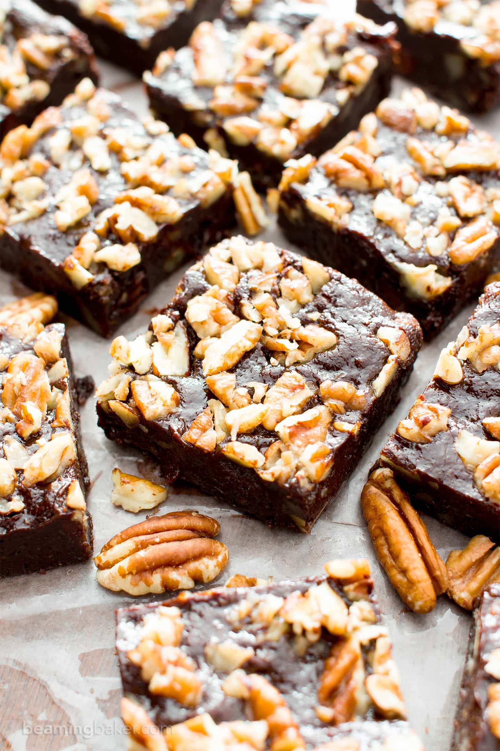 Super Fudgy Paleo Maple Pecan Brownies (V, GF): supremely fudgy chocolate brownies topped with delightfully sweet maple pecans. #Paleo #Vegan #GlutenFree #DairyFree #Chocolate #Dessert | Recipe on BeamingBaker.com