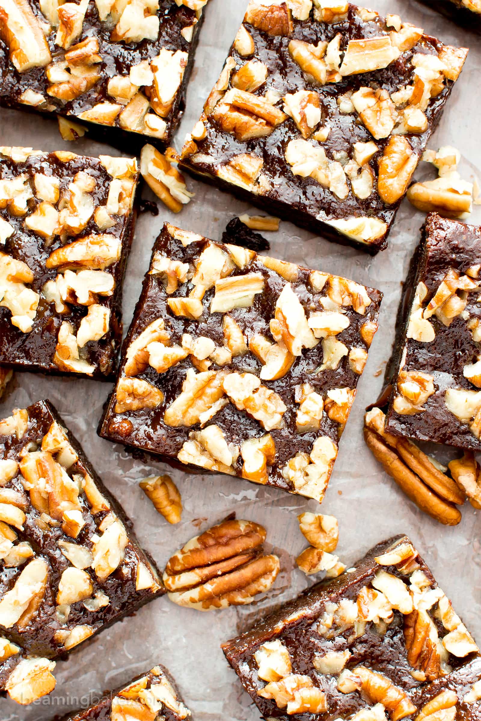 Super Fudgy Paleo Maple Pecan Brownies (V, GF): supremely fudgy chocolate brownies topped with delightfully sweet maple pecans. #Paleo #Vegan #GlutenFree #DairyFree #Chocolate #Dessert | Recipe on BeamingBaker.com