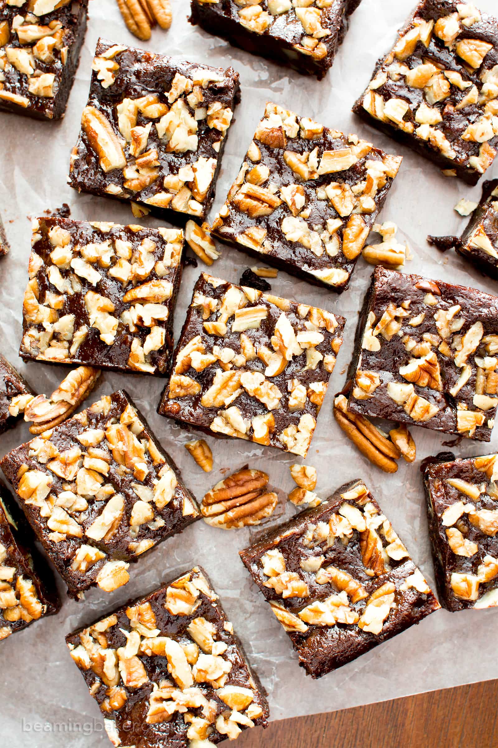 Super Fudgy Paleo Maple Pecan Brownies (V, GF): supremely fudgy chocolate brownies topped with delightfully sweet maple pecans. #Paleo #Vegan #GlutenFree #DairyFree #Chocolate #Dessert | Recipe on BeamingBaker.com