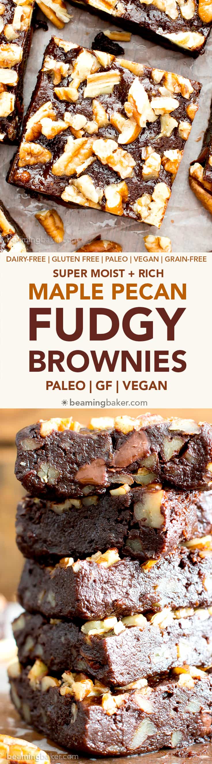 Super Fudgy Paleo Maple Pecan Brownies (V, GF): supremely fudgy chocolate brownies topped with delightfully sweet maple pecans. #Paleo #Vegan #GlutenFree #DairyFree #Chocolate #Dessert | Recipe on BeamingBaker.com