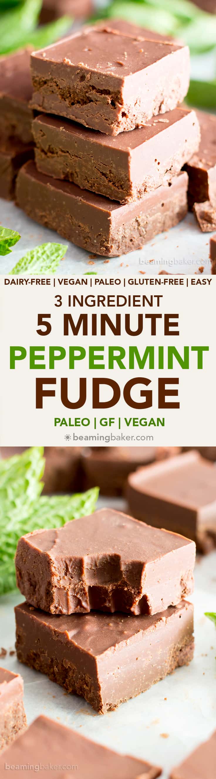 5 Minute Easy Peppermint Fudge (V, GF): a 3 ingredient recipe for creamy, thick, indulgent chocolatey fudge squares made with healthy ingredients! Takes just 5 minutes to prep, the rest is just freezing time! #Paleo #Vegan #GlutenFree #DairyFree #HealthyHolidayDesserts