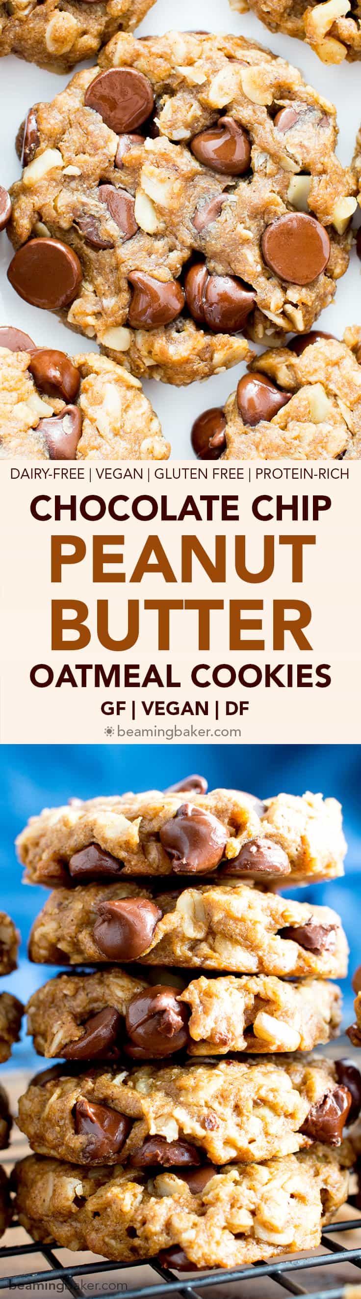 Easy Gluten Free Peanut Butter Chocolate Chip Oatmeal Cookies (V, GF): an irresistible recipe for lightly crispy, perfectly chewy peanut butter oatmeal cookies. #Vegan #GlutenFree #DairyFree #PeanutButter #Cookies | Recipe on BeamingBaker.com