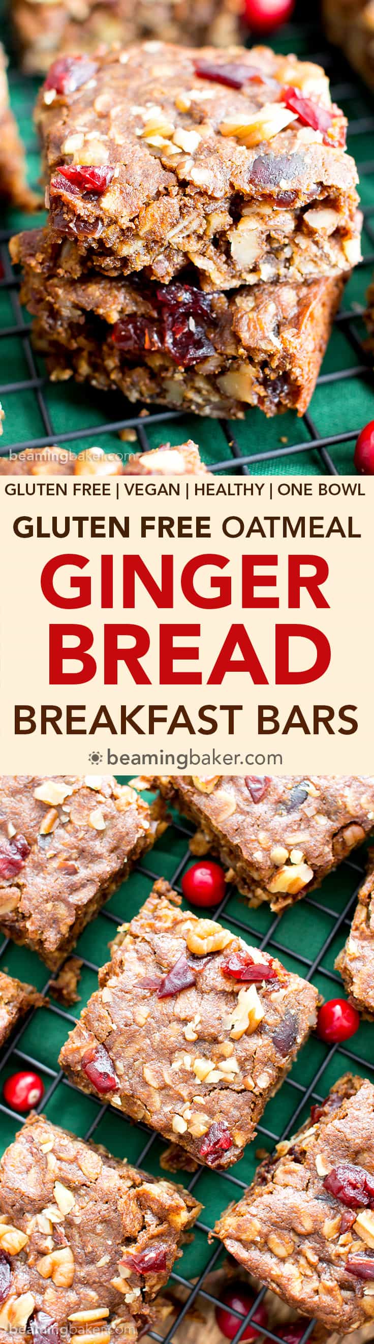 Gingerbread Oatmeal Homemade Breakfast Bars (V, GF): an easy recipe for deliciously soft homemade breakfast bars filled with your favorite holiday flavors. #Vegan #GlutenFree #DairyFree #Breakfast #Oatmeal | Recipe on BeamingBaker.com