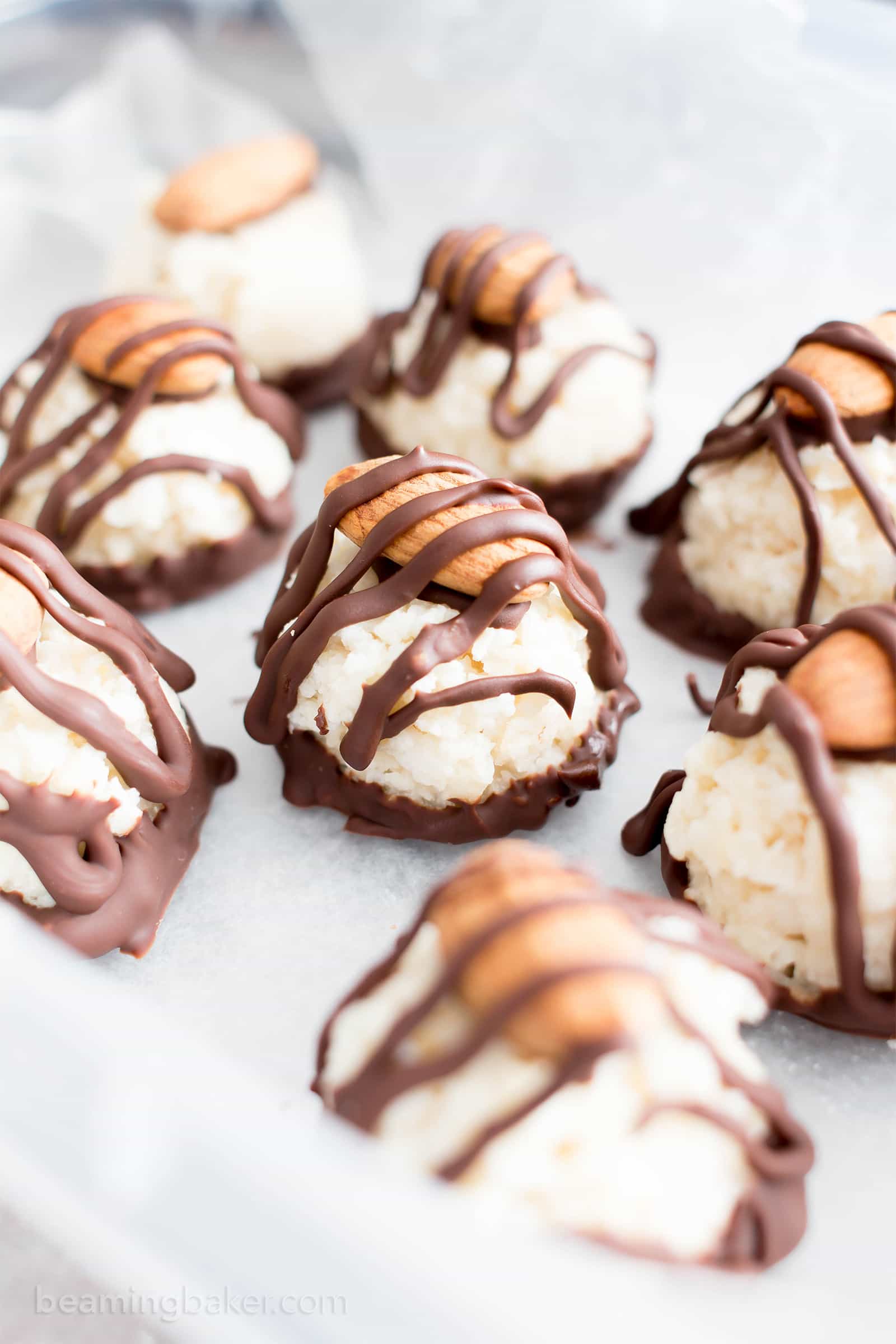 Paleo Vegan Almond Joy Truffles (V, GF): a fun recipe for homemade candy truffles that taste just like Almond Joy! #Vegan #GlutenFree #Paleo #Candy #Dessert | Recipe on BeamingBaker.com