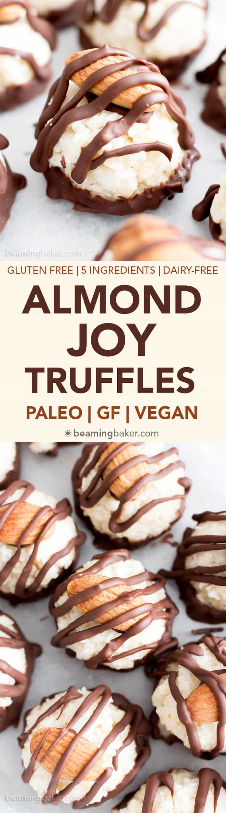 Paleo Vegan Almond Joy Truffles (V, GF): a fun recipe for homemade candy truffles that taste just like Almond Joy! #Vegan #GlutenFree #Paleo #Candy #Dessert | Recipe on BeamingBaker.com